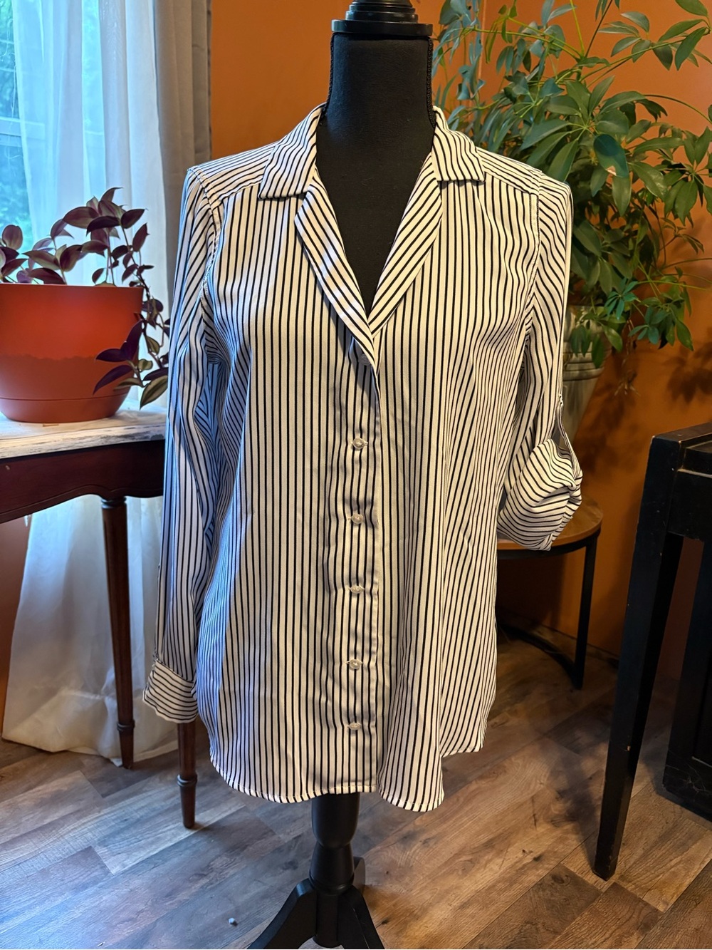 Express Black & White Striped Button-Down Blouse - Picture 2 of 12